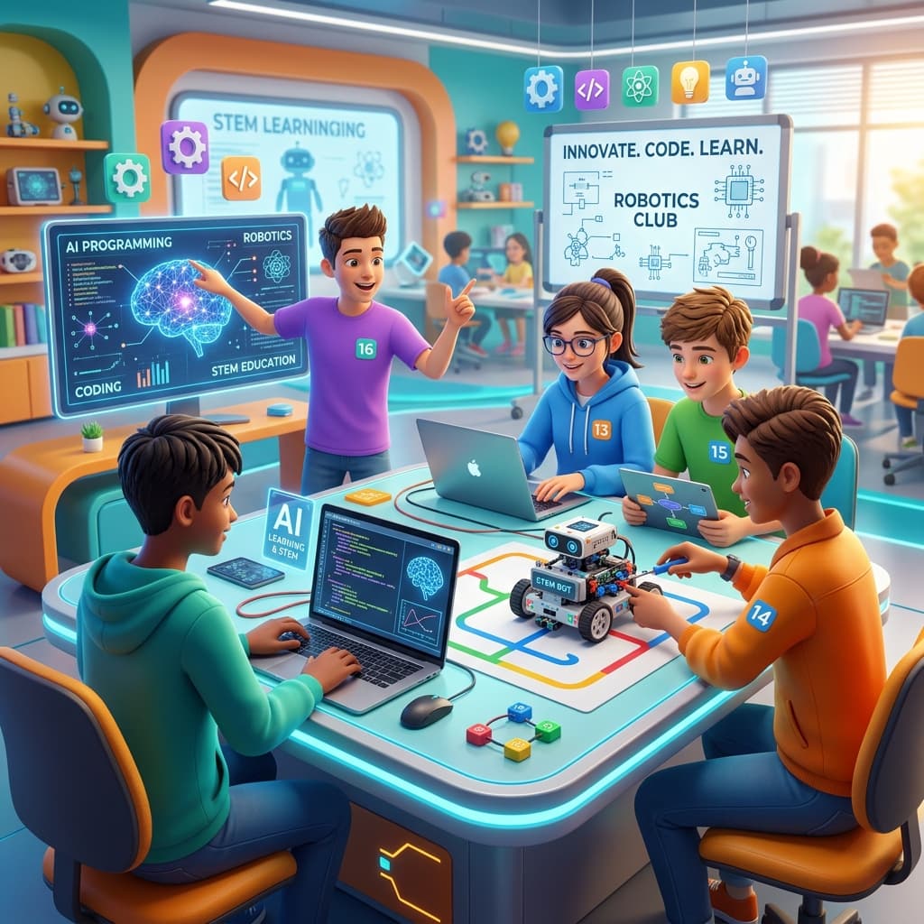 School students learning robotics and AI coding in a classroom environment