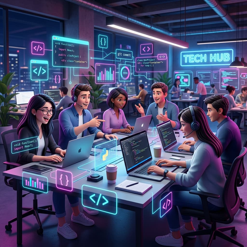 College students in a software workspace collaborating on projects with laptops